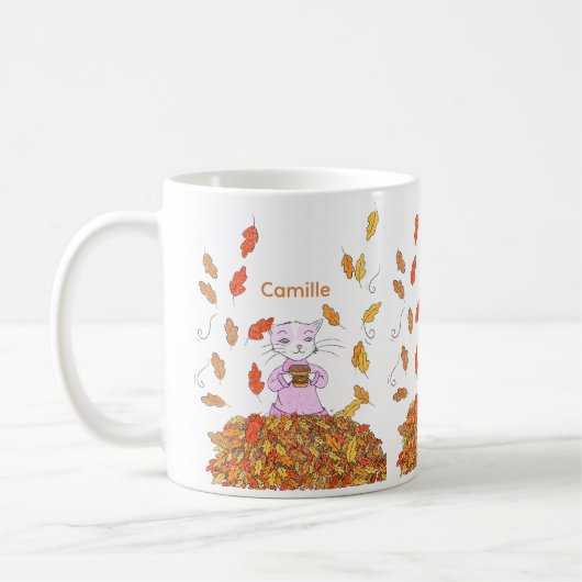 Autumn Leaves and Graceful Cat Personalized Mug コーヒーマグカップ (左)