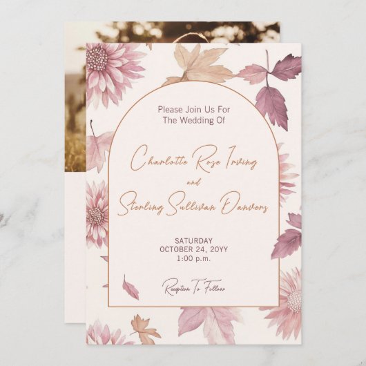 Autumn Leaves Blush Terracotta Photo Wedding 招待状 (正面/裏面)