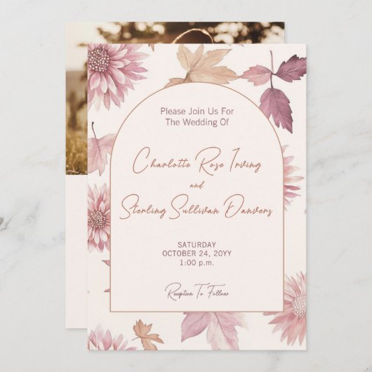 Autumn Leaves Blush Terracotta Photo Wedding 招待状 (正面/裏面)