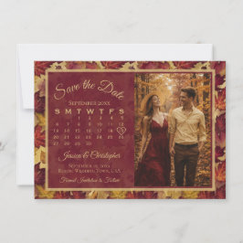 Autumn Leaves Burgundy Calendar & Photo Wedding セーブザデート