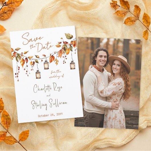 Autumn Leaves Rustic Watercolor Elegant Wedding セーブザデート