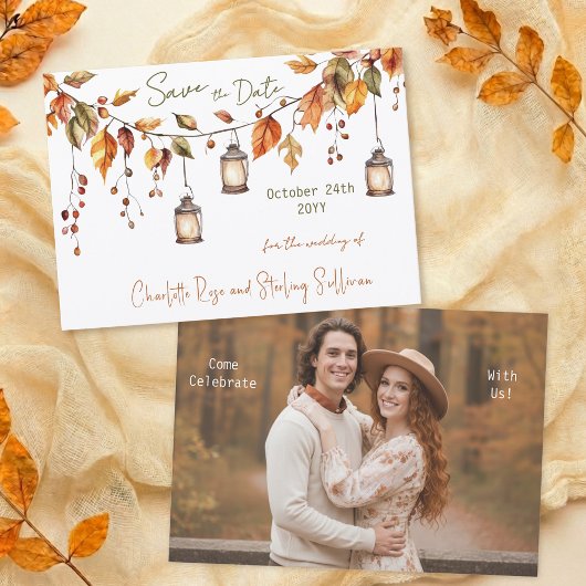 Autumn Leaves Watercolor Elegant 1 Photo Wedding S セーブザデート