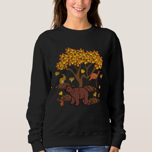 Autumn Leaves Wildlife Nature Cute Bear Deer Fores スウェットシャツ (正面)