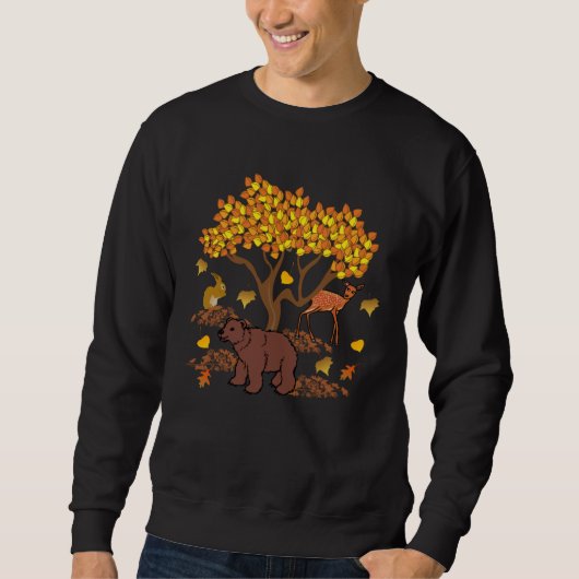 Autumn Leaves Wildlife Nature Cute Bear Deer Fores スウェットシャツ (正面)
