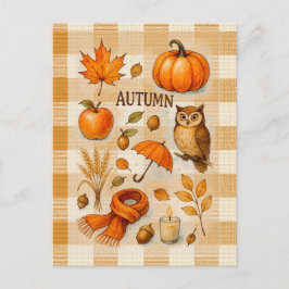 Autumn Magic Postcard Cozy Fall Owl Pumpkin Leaves ポストカード