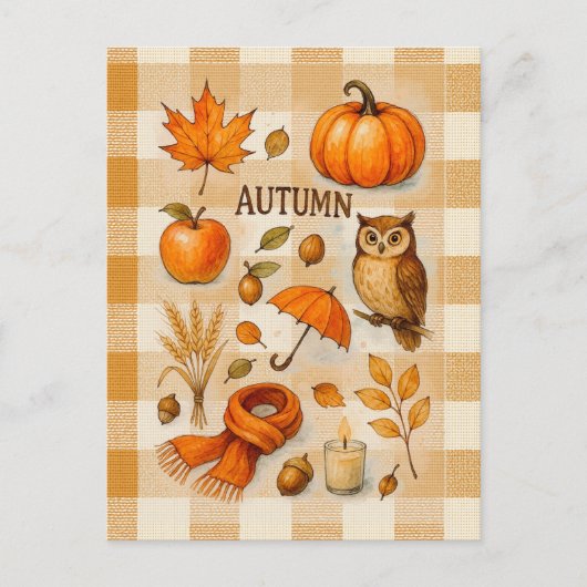 Autumn Magic Postcard Cozy Fall Owl Pumpkin Leaves ポストカード (正面)