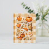 Autumn Magic Postcard Cozy Fall Owl Pumpkin Leaves ポストカード (スタンド正面)