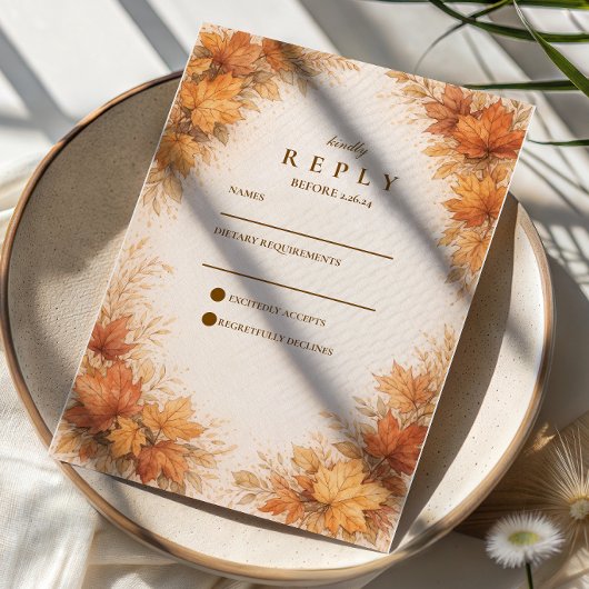 Autumn Maple Leaves Rustic Wedding 出欠カード