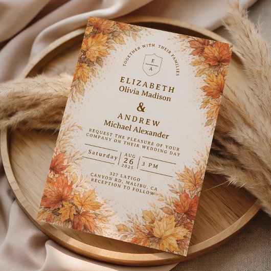 Autumn Maple Leaves Rustic Wedding 招待状