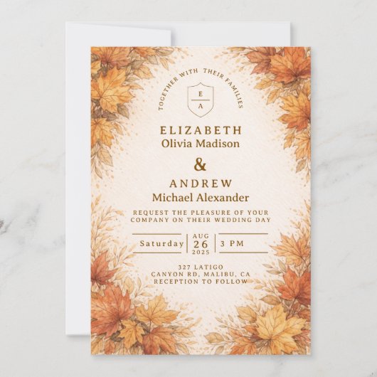 Autumn Maple Leaves Rustic Wedding 招待状 (正面)