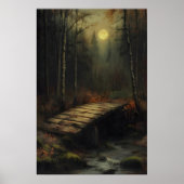 Autumn Moonlit Forest Bridge Rustic Woodland Art ポスター (正面)