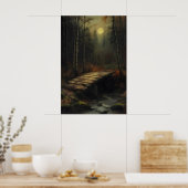 Autumn Moonlit Forest Bridge Rustic Woodland Art ポスター (キッチン)