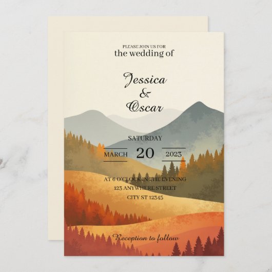 Autumn Mountain Watercolor Wedding Invitation 招待状 (正面/裏面)