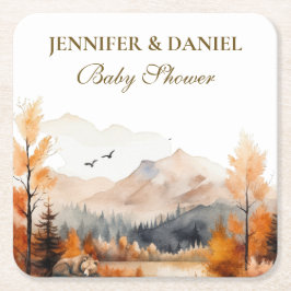 Autumn Mountain Woodland Watercolor Bear Shower スクエアペーパーコースター