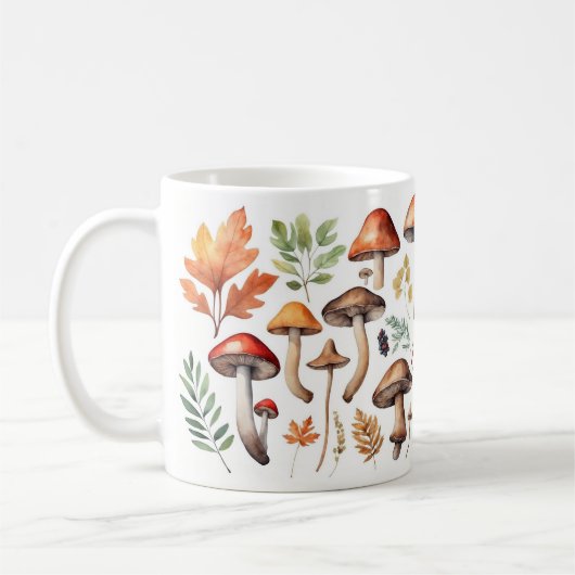 Autumn Mushrooms and Forest Leaves Illustration コーヒーマグカップ (左)