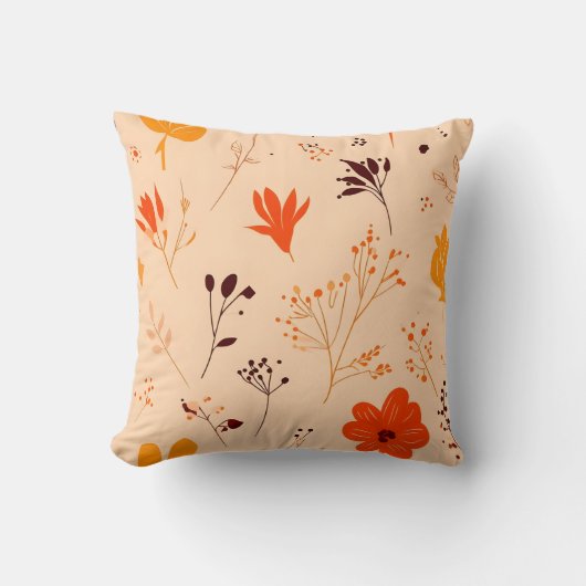 Autumn Orange and Beige Floral Throw Pillow クッション (正面)