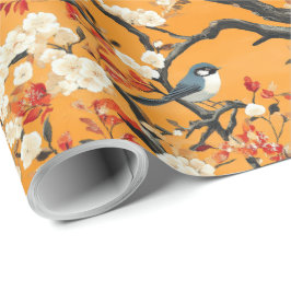 Autumn Orange Floral Birds Chinoiserie ラッピングペーパー