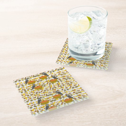 Autumn Owl and Pumpkin Pattern Glass Coaster Home  ガラスコースター (アングル)