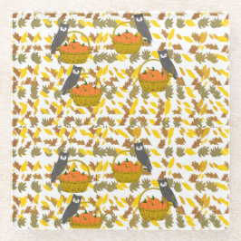 Autumn Owl and Pumpkin Pattern Glass Coaster Home  ガラスコースター