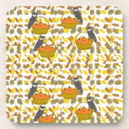 Autumn Owl and Pumpkin Pattern Plastic Coaster Set コースター