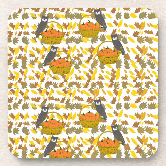 Autumn Owl and Pumpkin Pattern Plastic Coaster Set コースター (正面)
