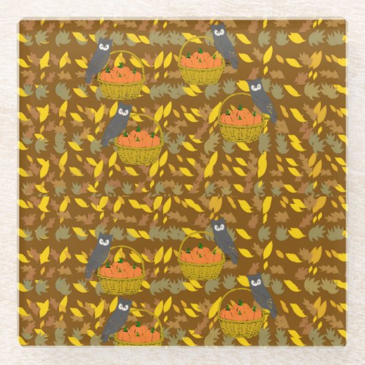 Autumn Owl Pumpkin Pattern Glass Coaster ガラスコースター (正面)