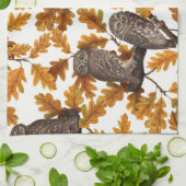 Autumn owls on cotton white キッチンタオル (折り畳み)