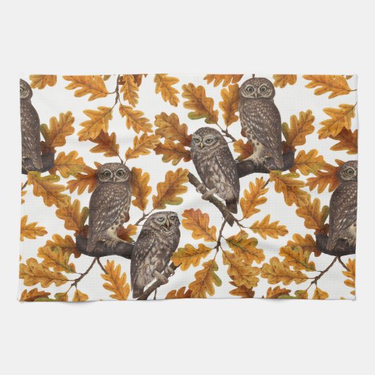 Autumn owls on cotton white キッチンタオル (横)