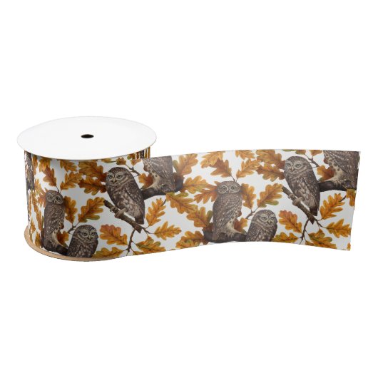 Autumn owls on cotton white サテンリボン (リール)