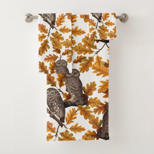 Autumn owls on cotton white バスタオルセット (インサイチュ)