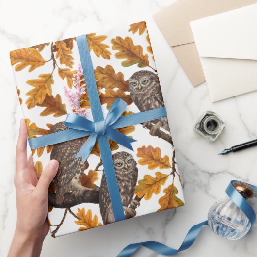 Autumn owls on cotton white ラッピングペーパー (ギフト)