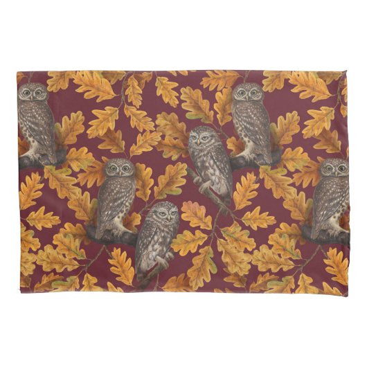 Autumn owls on dark red 枕カバー (正面左)