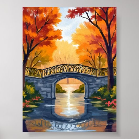 Autumn Park Bridge | Fall Foliage Watercolor ポスター (正面)