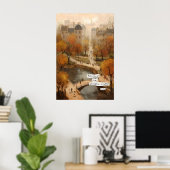 Autumn Park Path Poster  Bridge, Pond, Literary ポスター (ホームオフィス)