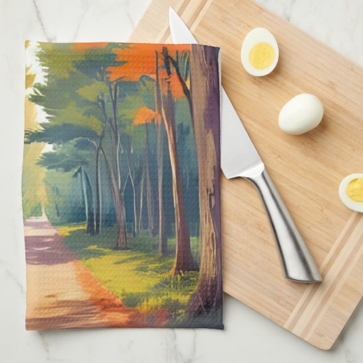 Autumn Path Fall Foliage Watercolor Landscape キッチンタオル (四つ折り)