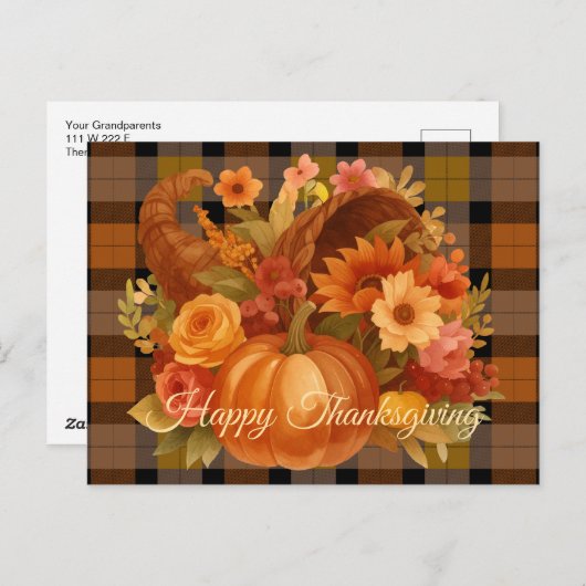 Autumn Plaid And Cornucopia シーズンポストカード (正面/裏面)