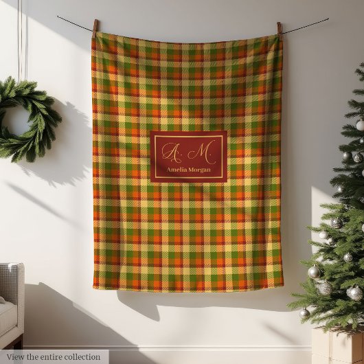 Autumn Plaid Throw Blanket Cozy Custom Name Accent フリースブランケット