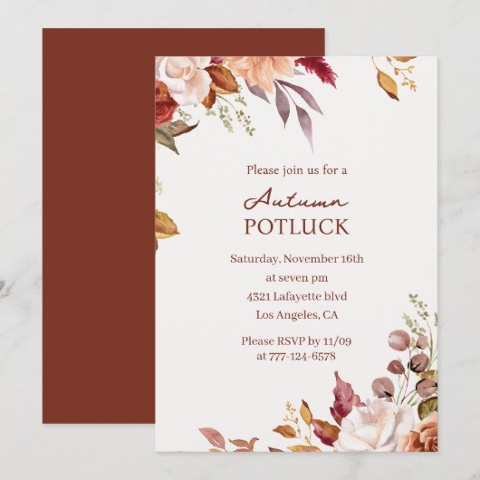 Autumn Potluck へのご招待 | 水彩画の秋 招待状 (正面/裏面)