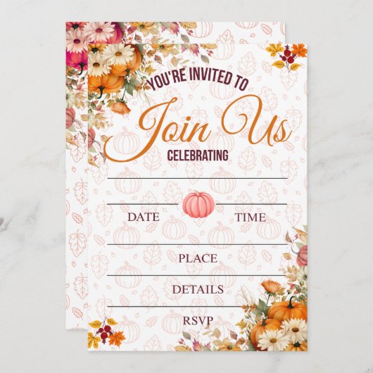 Autumn Pumpkin Floral Invitation 招待状 (正面/裏面)