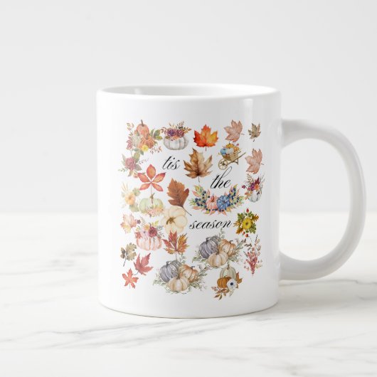 Autumn Pumpkin Floral Leaves Art ジャンボコーヒーマグカップ (右)