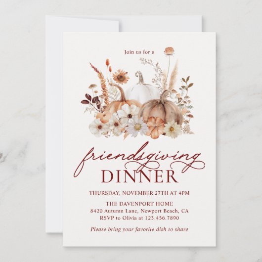 Autumn Pumpkin Floral Rustic Friendsgiving Dinner 招待状 (正面)