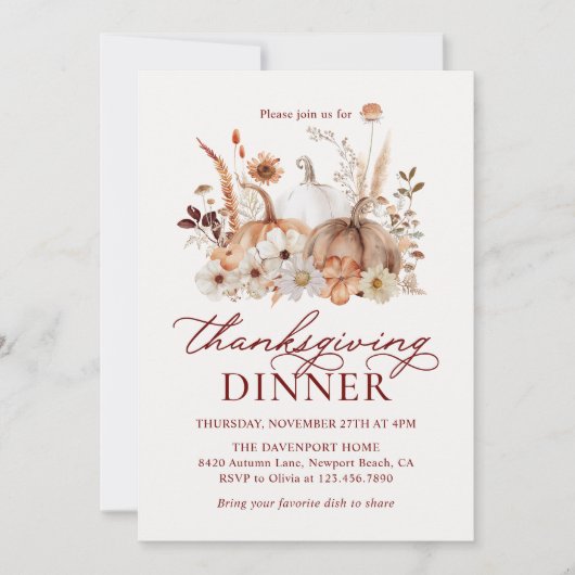 Autumn Pumpkin Floral Rustic Thanksgiving Dinner 招待状 (正面)