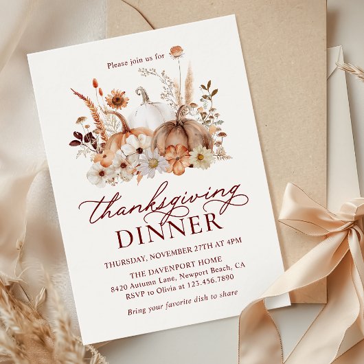 Autumn Pumpkin Floral Rustic Thanksgiving Dinner 招待状