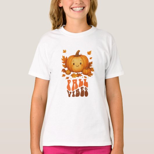 Autumn pumpkin illustration & Fall Vibes script Tシャツ (正面)