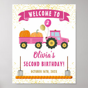 Autumn Pumpkin Pink Tractor Girl Birthday Welcome ポスター