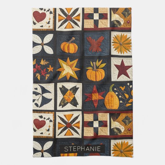 Autumn Quilt Block Pattern | Rustic Harvest キッチンタオル (縦)
