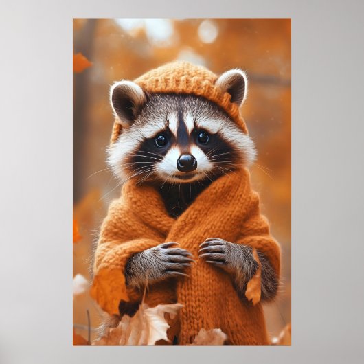Autumn Raccoon Art Print, Fall Animal in Clothes ポスター (正面)