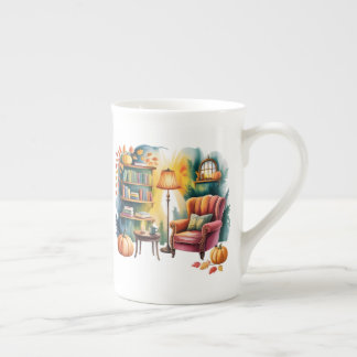 Autumn Reading Chair Mug — Cozy Lamp & Book Corner ボーンチャイナマグカップ