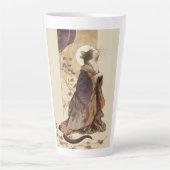 "Autumn Reverie" Japanese Cat in Kimono Art カフェラテマグ (正面)