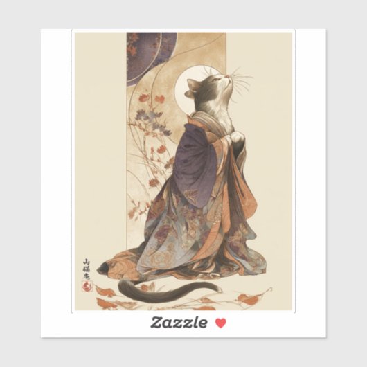 "Autumn Reverie" Japanese Cat in Kimono Art シール (シート)